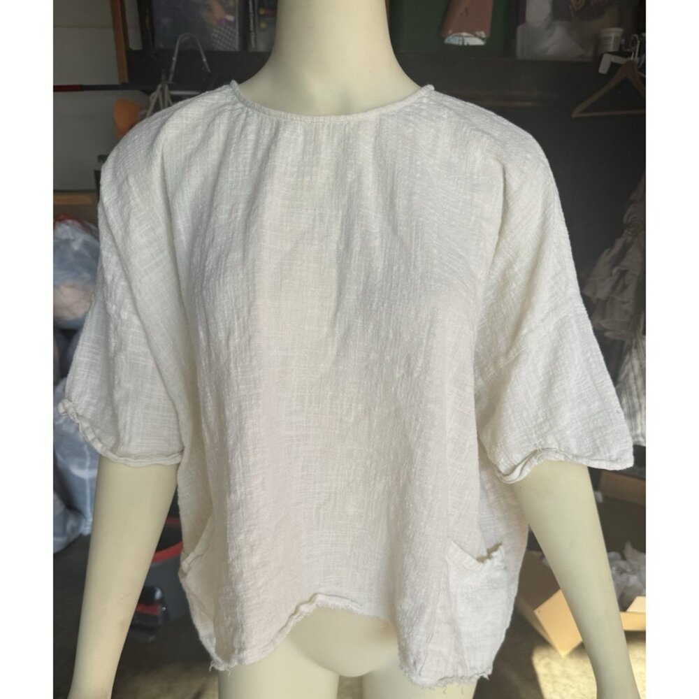Cope Cream Small Gauze oversized Pockets Cotton Raw Hem Short Sleeve Top Sheer